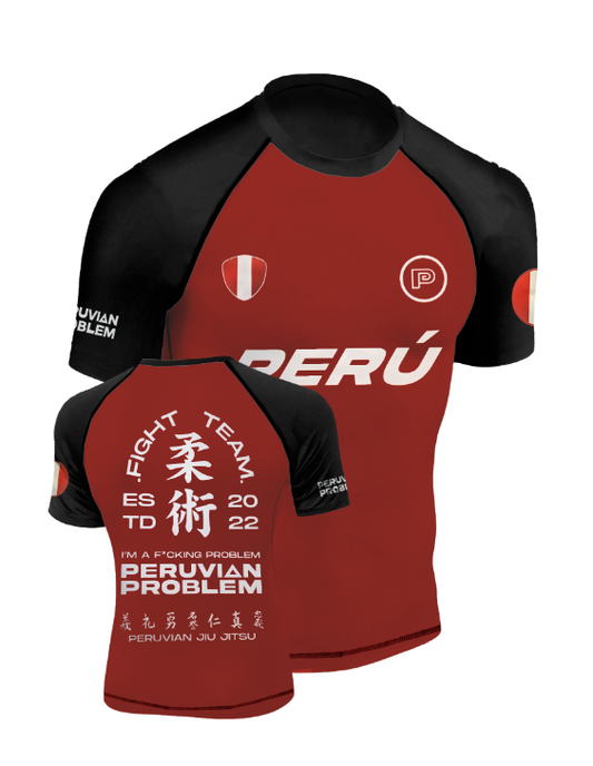 BLACK AND RED PERUVIAN PROBLEM FIGHT TEAM SHORT SLEEVE RASH GUARD